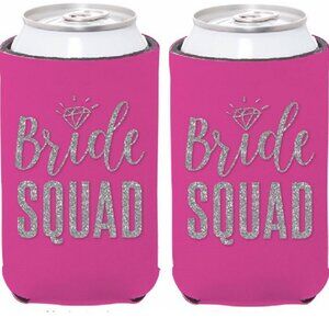 Set of Two Pink Bride Squad Can Koozies Coolies w Glittery Bling Weddings